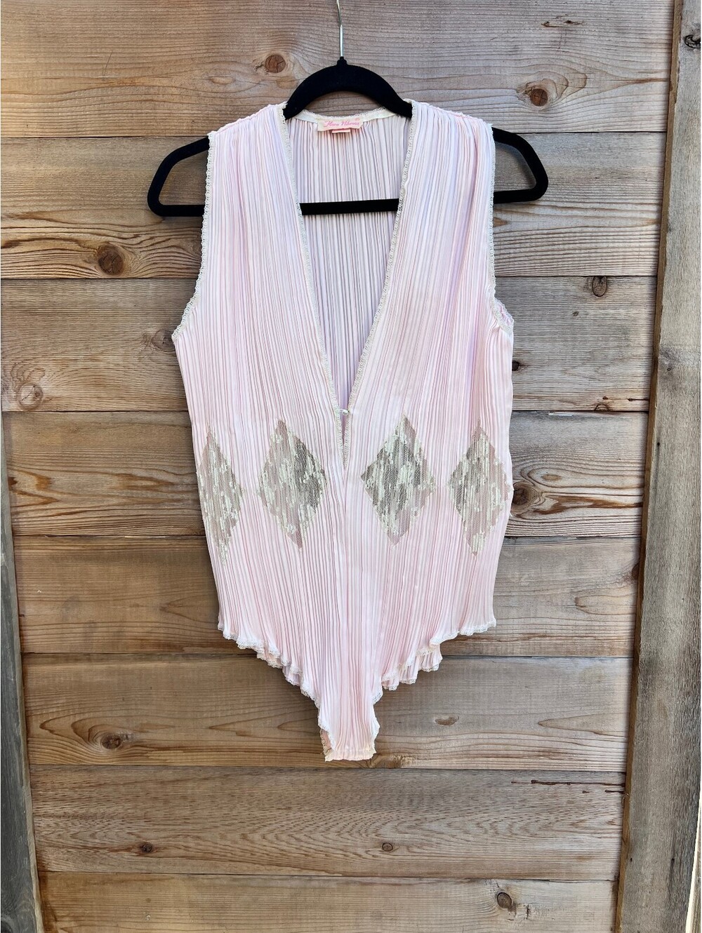 Flora Nikrooz Vintage Pink Pleated Bodysuit with Lace and Pearl Detail